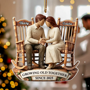 Couple Sitting On Rocking Chairs Faux Wood - Personalized Acrylic Ornament