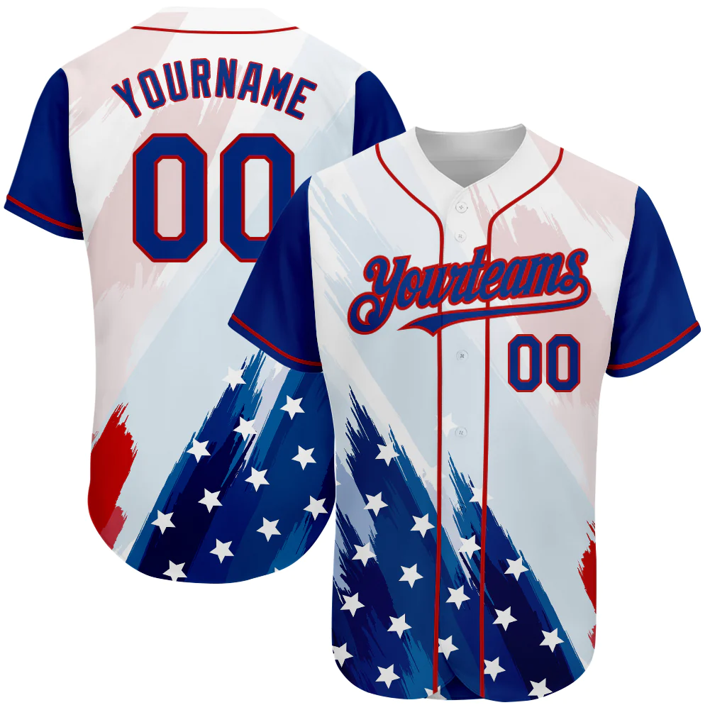 Custom White Royal-Red 3D American Flag Fashion Authentic Baseball Jersey