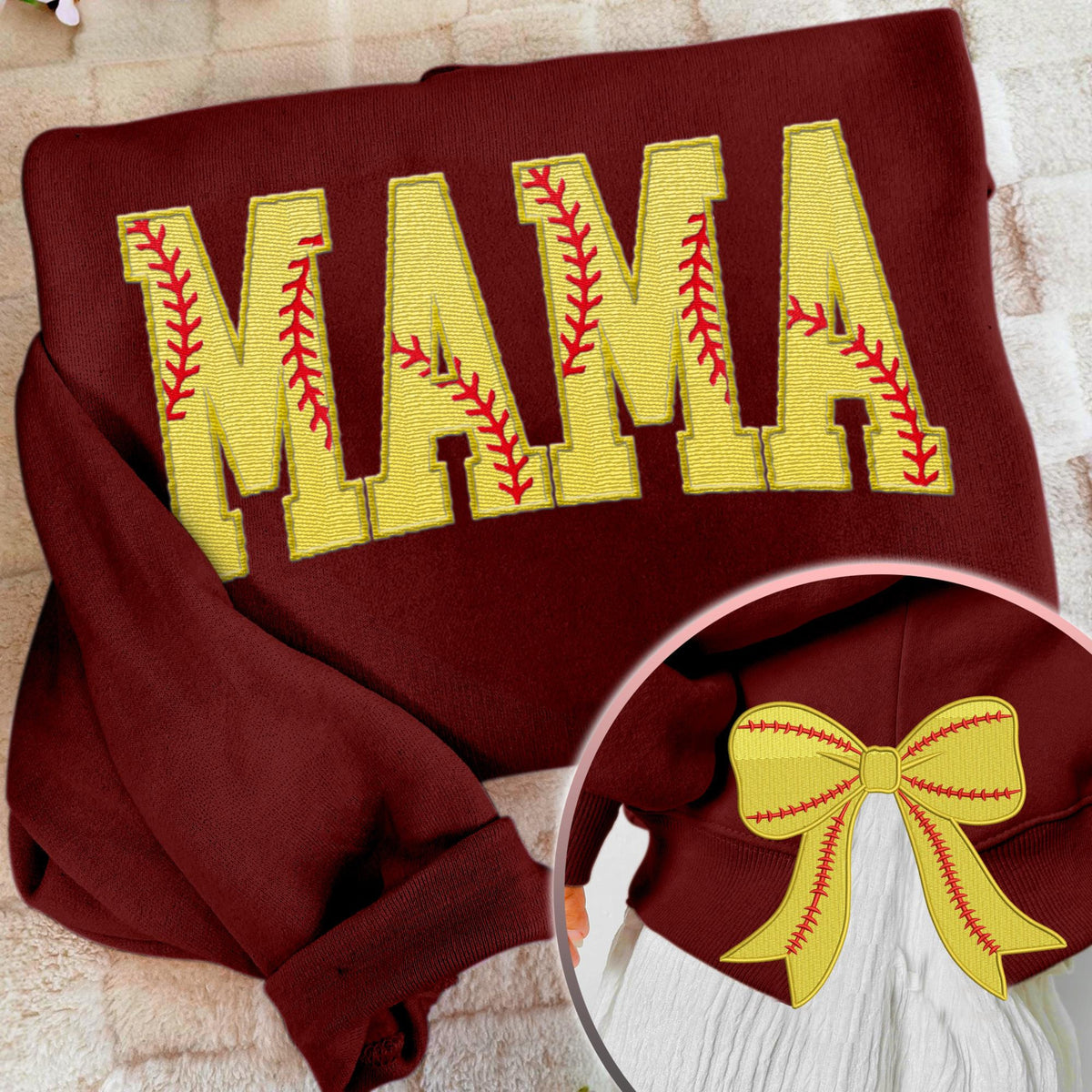 MAMA Softball Coquette Side Bow Sweatshirt, Retro Trendy Coquete Lover Sweater, Bow Applique Pink Girl Gifts