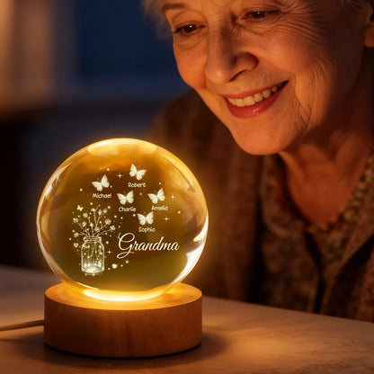 Mom Grandma Butterfly Flower Jar - Personalized Crystal Ball LED Night Light - Sentimental Gift for Grandma, Mom, Mother's Day Gift