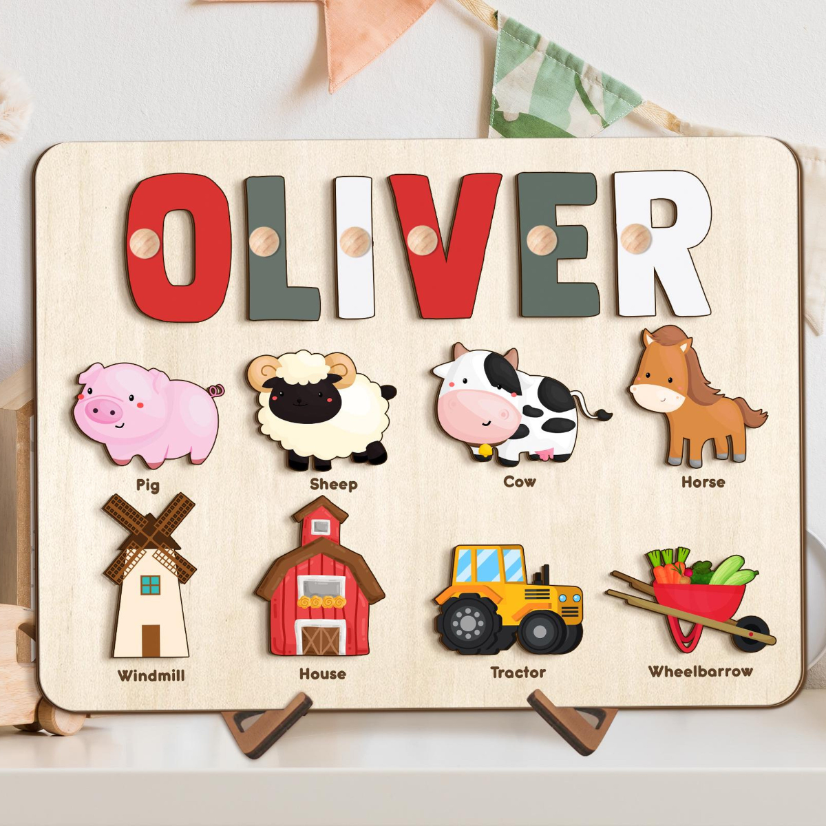 Farm Animal Name Puzzle with Pegs, Wooden Busy Board, 1st Birthday Gift for Kids, Baby Shower Gift, Nursery Decor, Wood Toy for One Year Old