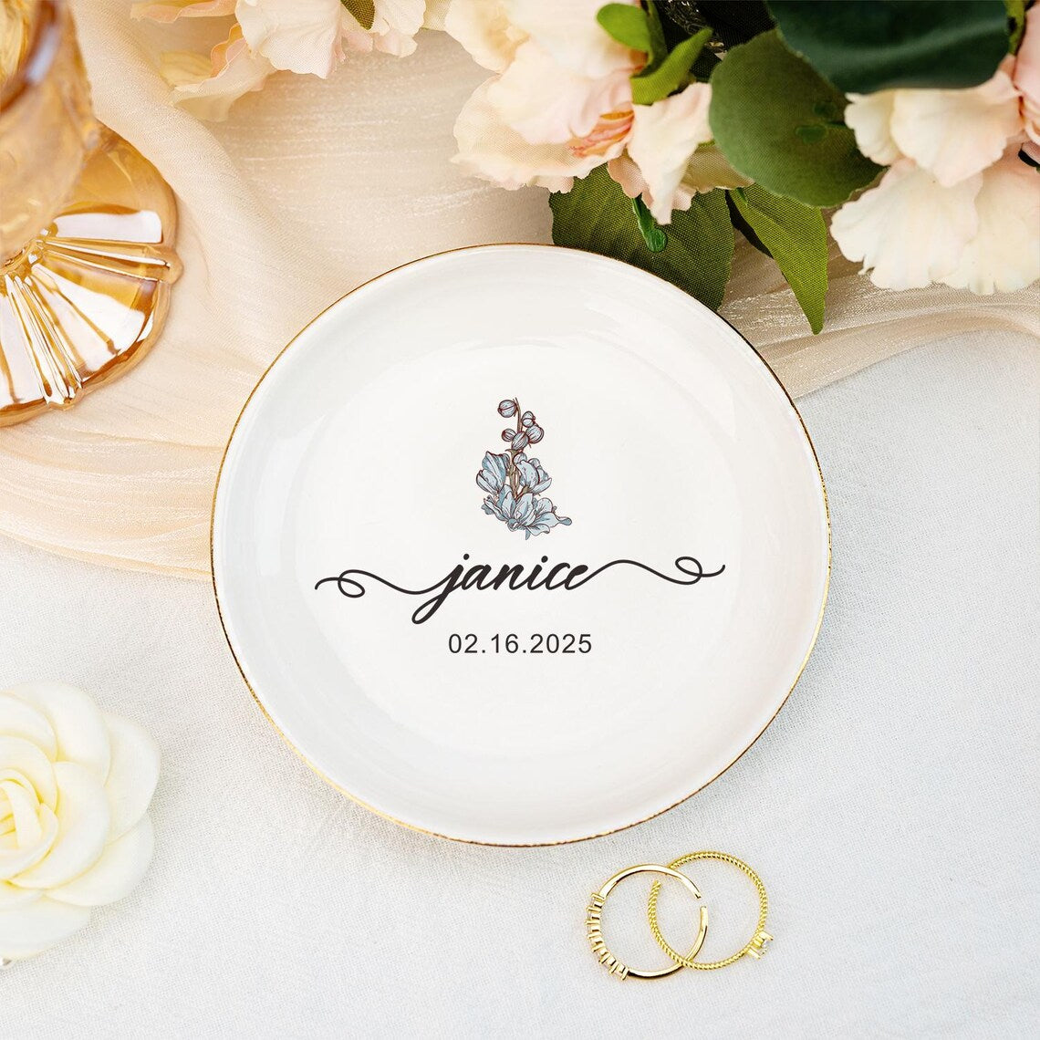 Personalised Birth Flower Trinket Dish, Flower Name Jewelry Dish, Bridesmaid Ring Dish Wedding Favors, Birthday Gift for Friend, Date Ring Dish