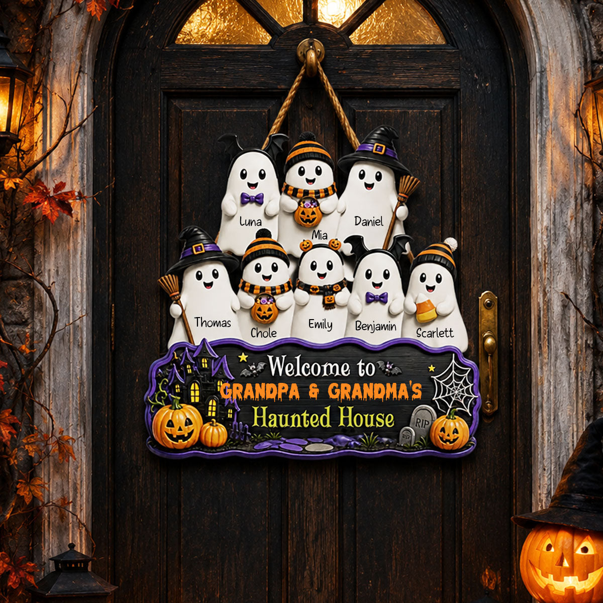 Halloween Welcome To Grandma Grandpa Haunted House Cute Boo Kids - Personalized Wood Sign - Halloween Decoration For Grandparents