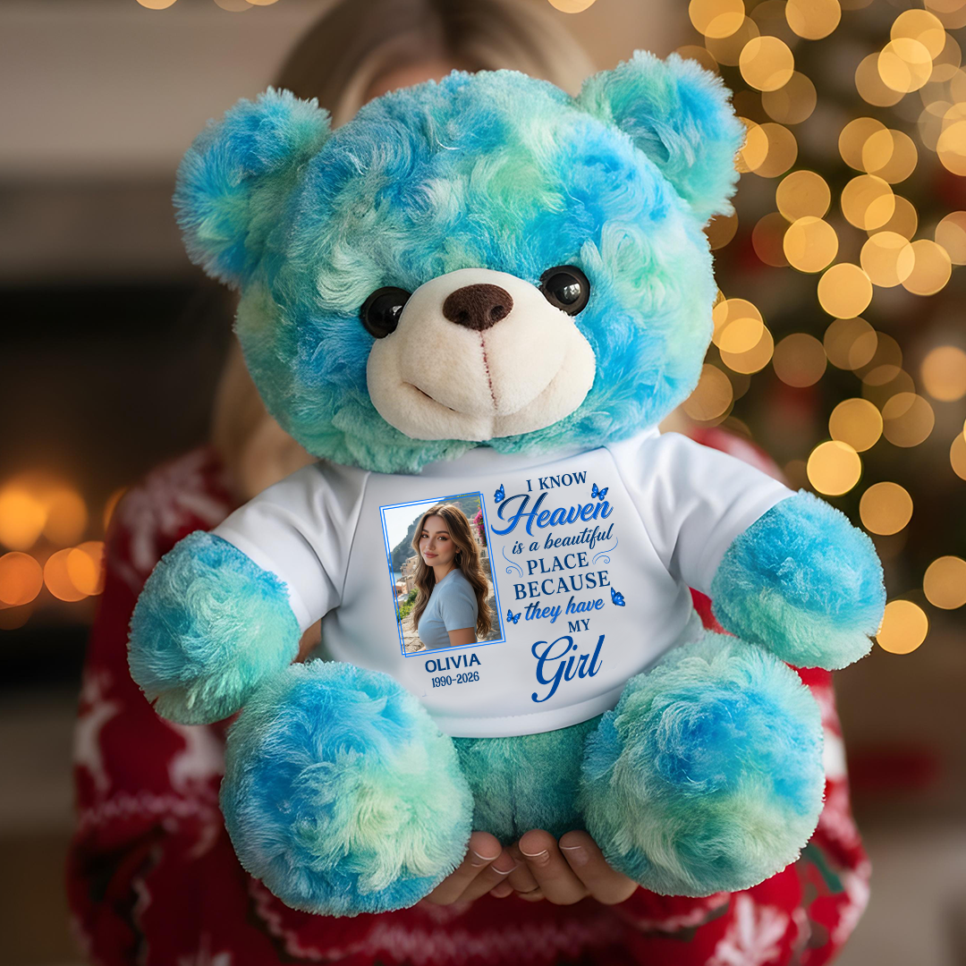 Heaven Is A Beautiful Place - Custom Name and Photo - Personalized Memorial Bear Plush