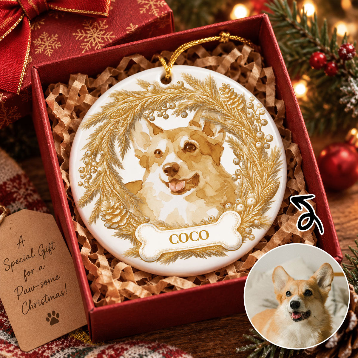 Custom Photo Pet Christmas Memorial, Dog Cat Christmas Photo, Pet Portrait Custom Name Gift - Personalized Ornament