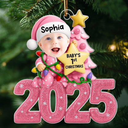 Baby Christmas Tree Upload Photo Glitter 2025 - Personalized Acrylic Ornament - Christmas Gift For Baby