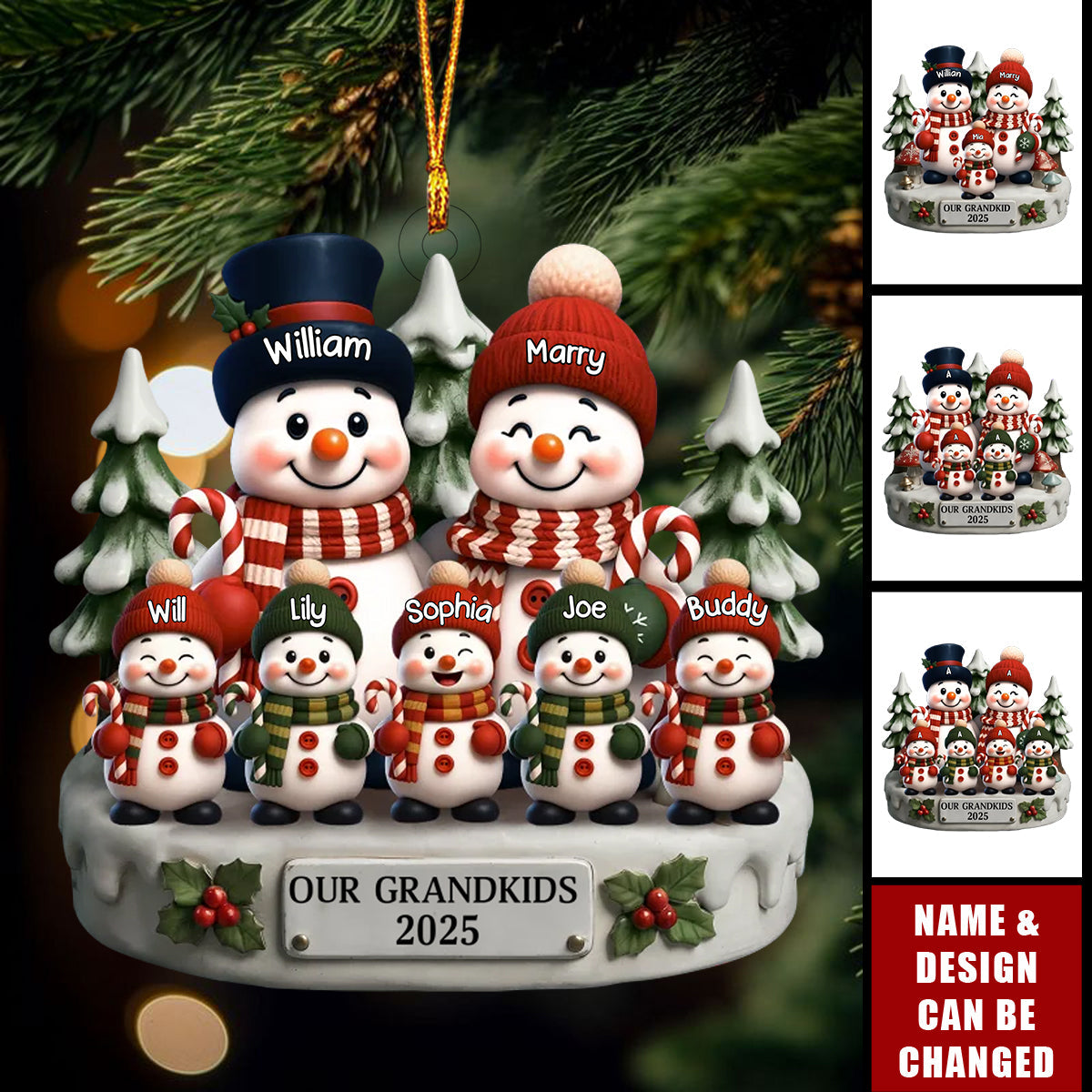 Snowman Family 2D Flat Ornament, Personalized Acrylic Ornament, Christmas Gifts For Grandpa, Grandma, Family