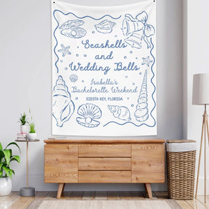 Personalized Bachelorette Party Decor, Wedding Bells and Seashells Banner, Beach Bachelorette Decorations, Coastal Bachelorette Backdrop