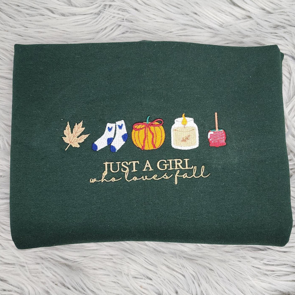 Just a Girl who loves Fall Embroidered Crewneck, Cozy Fall Vibes, Pumpkin Spice, Cute Autumn Sweatshirt, Fall Icons, Autumn-Themed Apparel