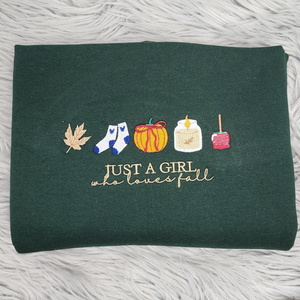 Just a Girl who loves Fall Embroidered Crewneck, Cozy Fall Vibes, Pumpkin Spice, Cute Autumn Sweatshirt, Fall Icons, Autumn-Themed Apparel