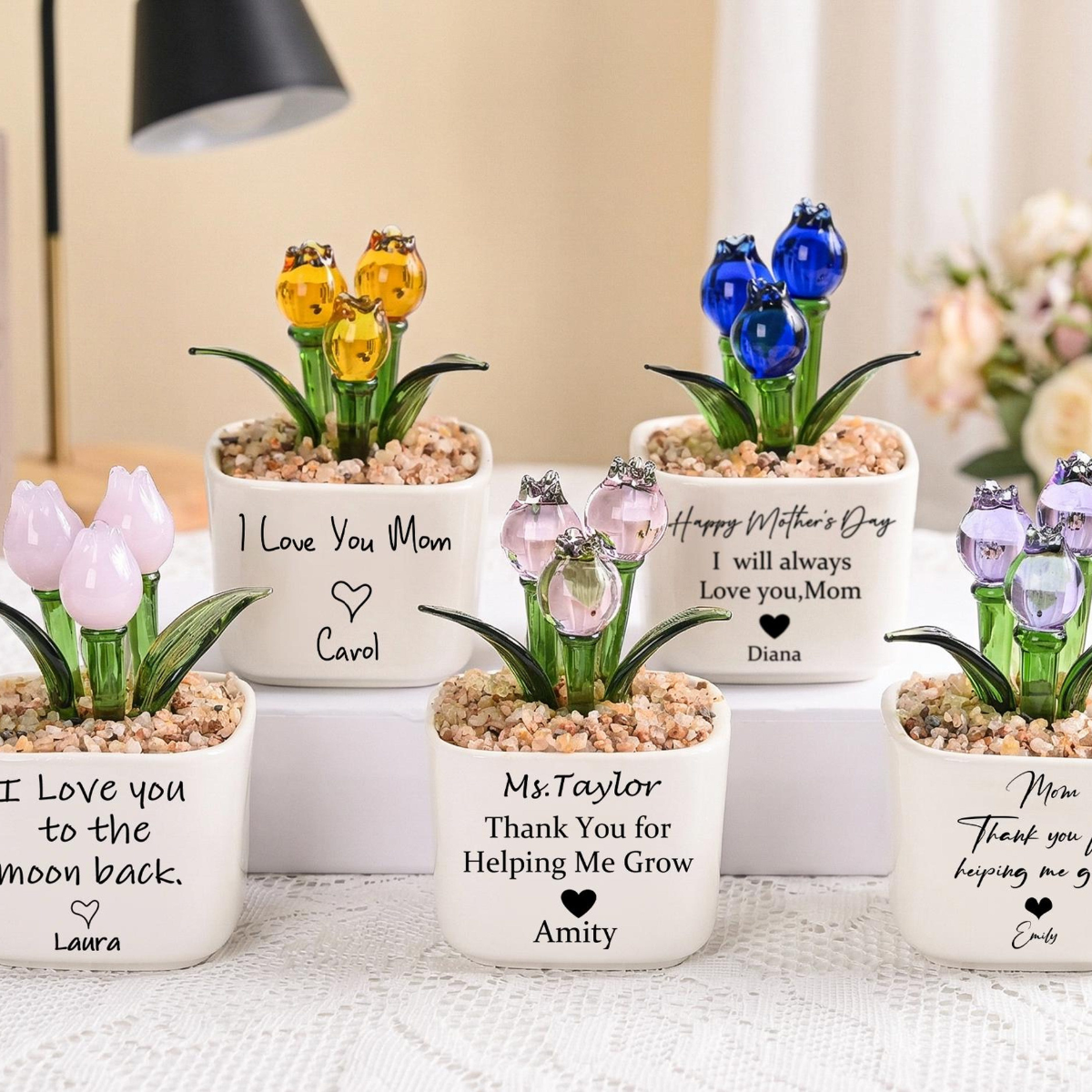 Glass Tulip Gift for Mom, Personalized Glass Flower Pot, Mother's Day Gift, Custom Everlasting Floral Desk Decor