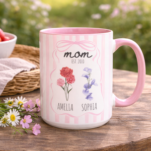 Custom Mom Mug with Kids Names, Birth Month Flower Mug, Coquette Personalized Name Mug