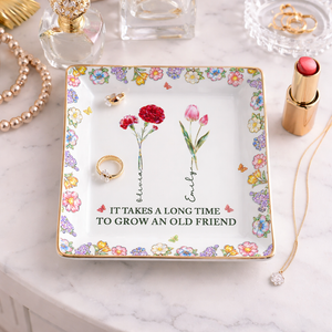 Personalized Floral Jewelry Dish, Custom Name Friendship Gift, Trinket Tray with 3D Effect Birth Flowers & Meaningful Quote