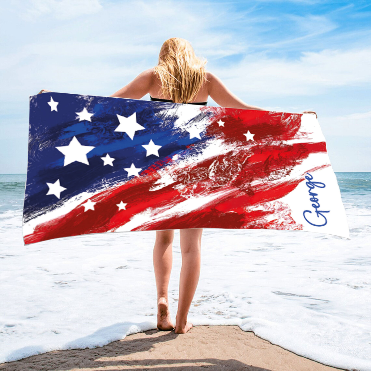 American Flag Custom Beach Towel, Independence Day Pool Towel, Personalized Stars Name Towel, Patriot Summer Gift, 4 th of July Design