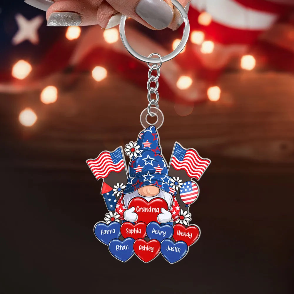 American Gnome Grandma Mom Heart - Personalized Acrylic Keychain - 4th Of July Gift For Mom Grandma