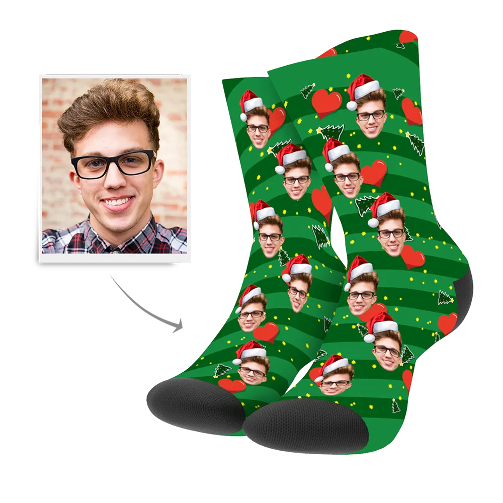 Custom Face Christmas Tree & Heart - Personalized Socks - Christmas Gifts for Women Men