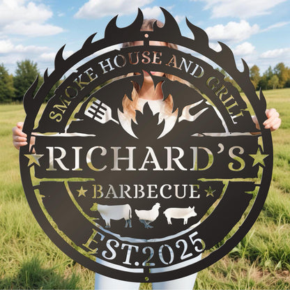 Personalized Metal BBQ Sign Custom Smoke House & Grill Wall Art Outdoor Kitchen Decor Gift for Grill Master - Garden BBQ Plaque