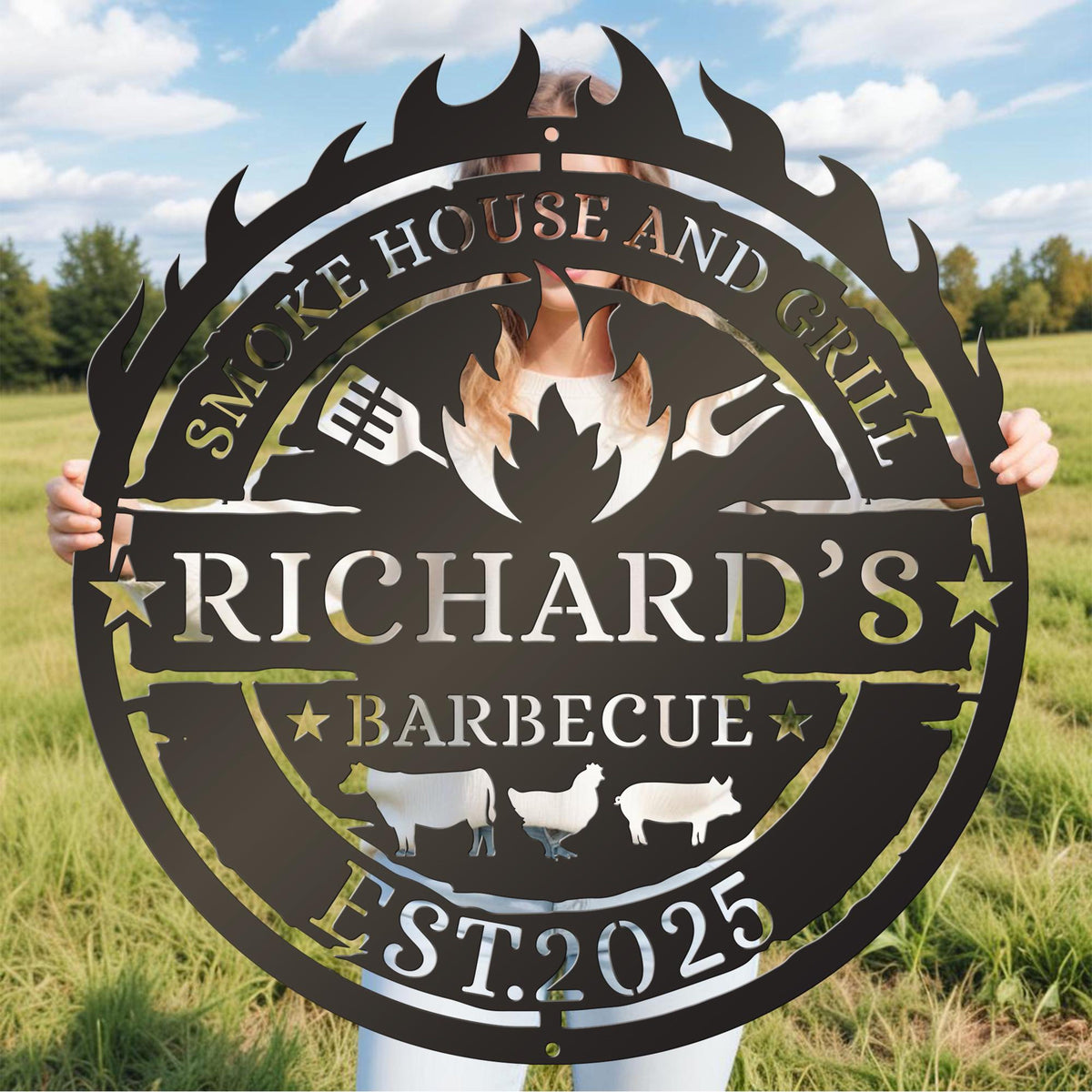 Personalized Metal BBQ Sign Custom Smoke House & Grill Wall Art Outdoor Kitchen Decor Gift for Grill Master - Garden BBQ Plaque