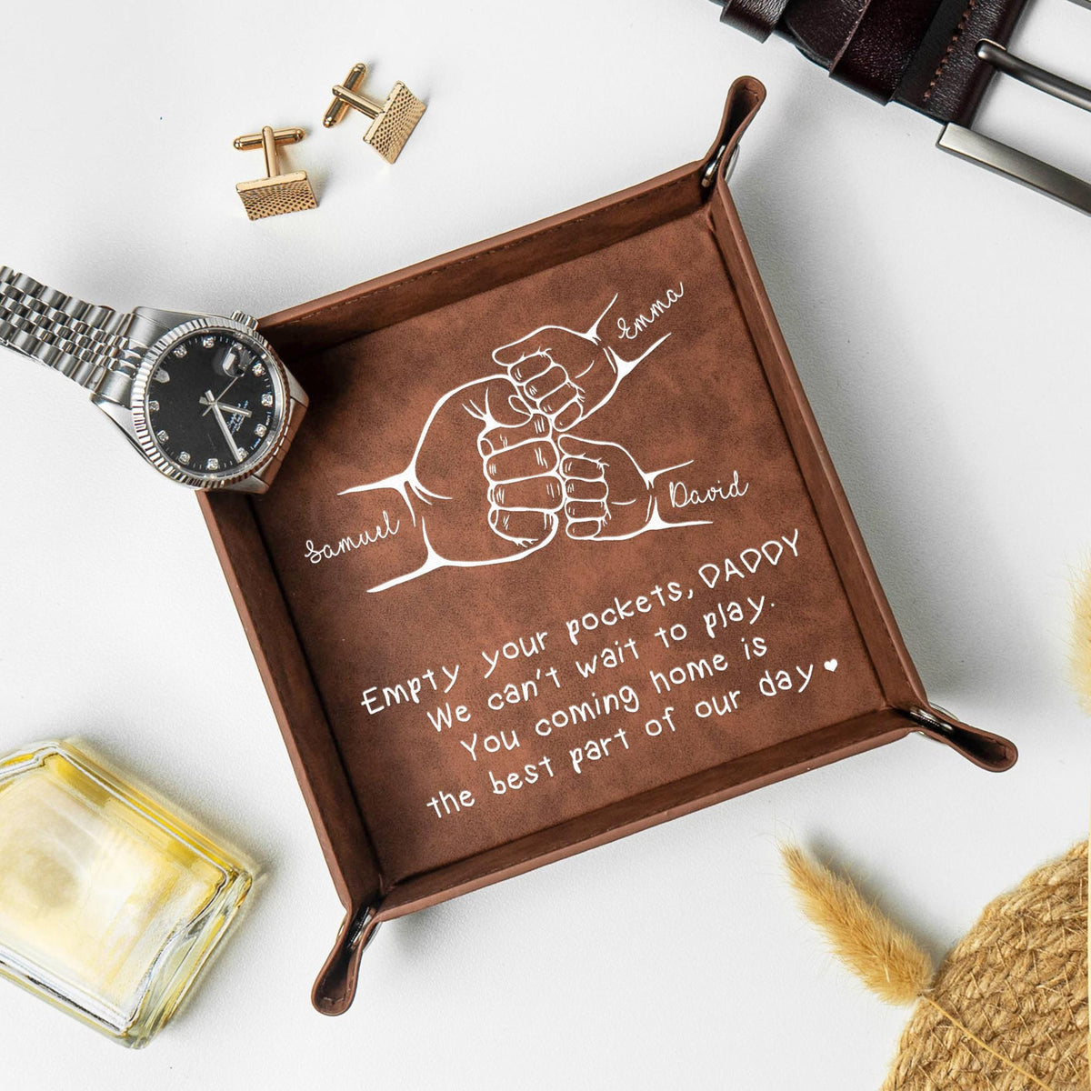 Empty Your Pocket Dad Personalized Valet Tray, Fathers Day Gift for Him, Husband Catchall, Papa Leather Organizer, Daddy Table Key Tray Gift