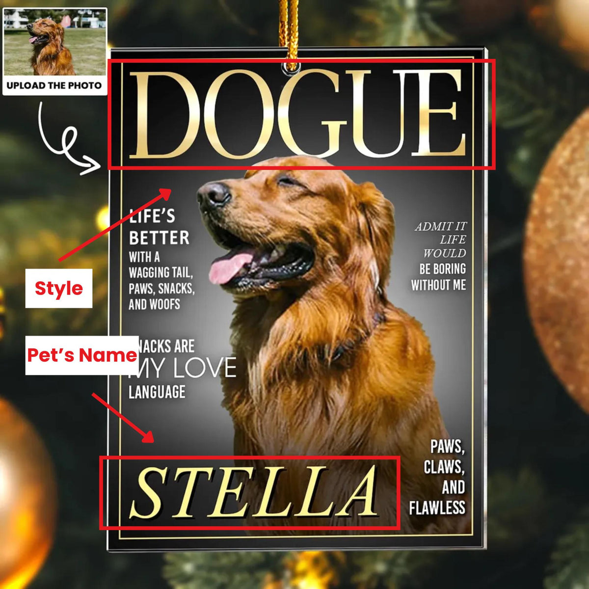 Personalized Pet Christmas Ornament, Custom Dogue Purrgue Magazine Ornament, Personalized Pet Acrylic Photo Ornament, Pet Lovers, Christmas Gifts