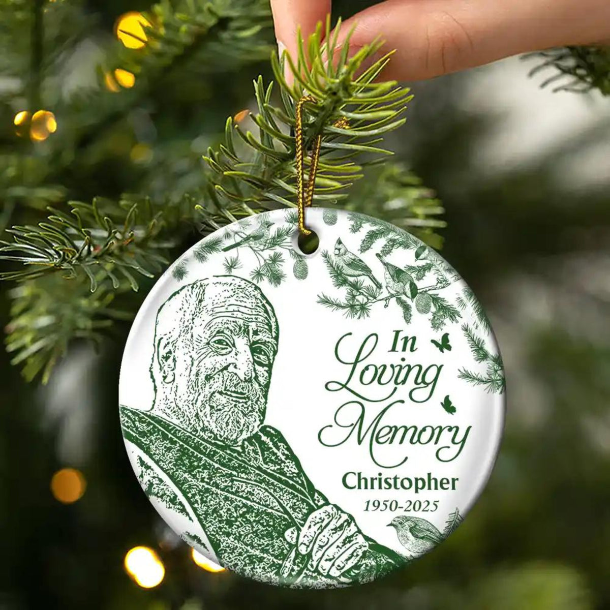 Custom Photo Pencil Drawing Toile De Jouy Memorial Although You Cannot See Me, Personalized Circle Ceramic Ornament, Christmas Decoration