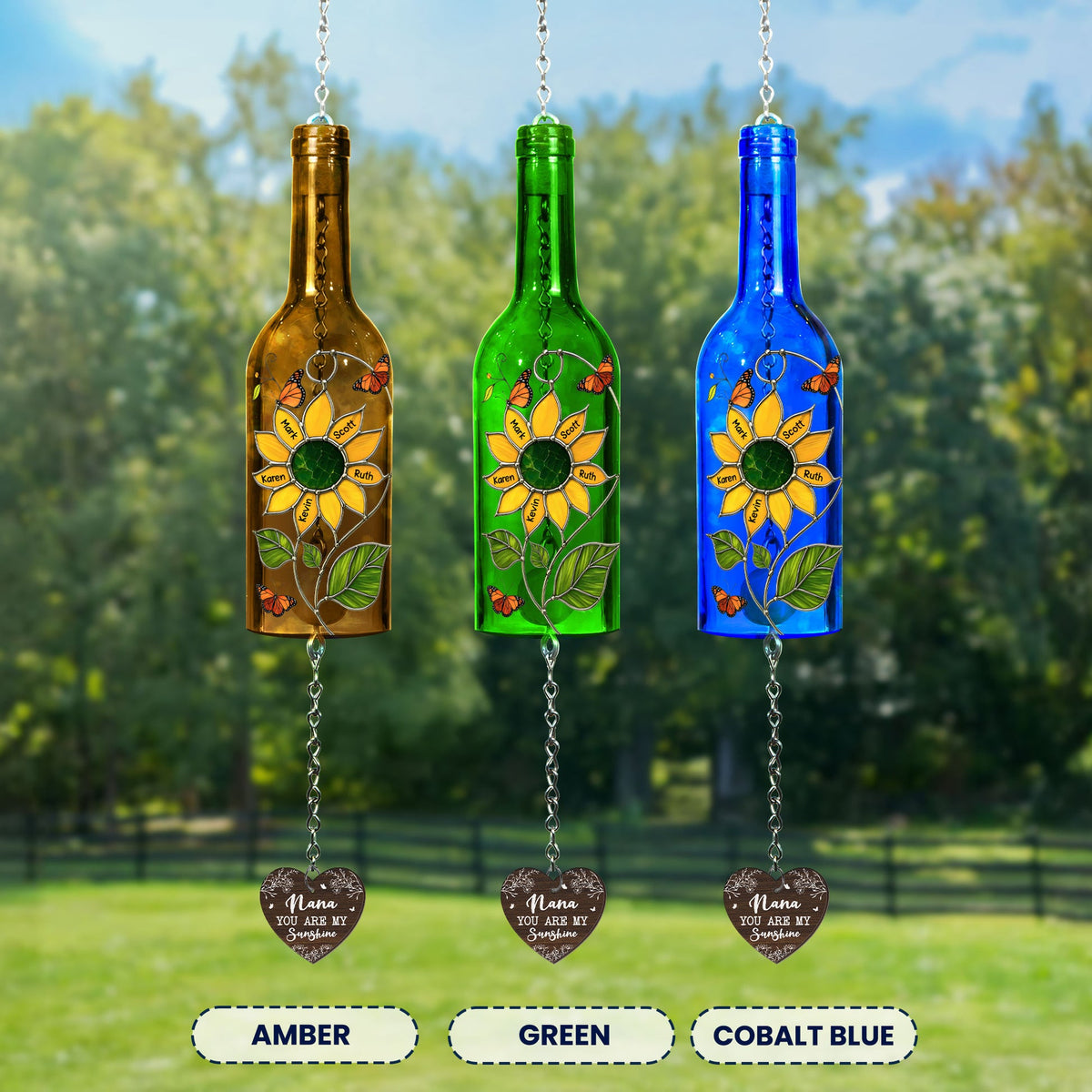 Nana You Are My Sunshine Kids Grandkids Names - Personalized Wine Bottle Wind Chime - Gift For Mom Grandma