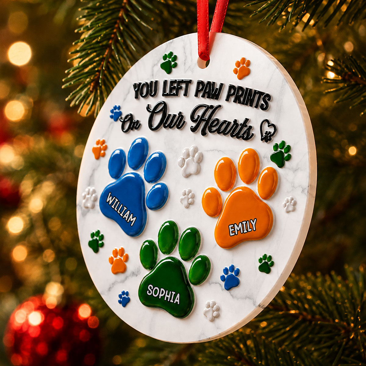 Pawprints On My Heart Family Christmas - Memorial Ornament - Real 3D Raised Ornament