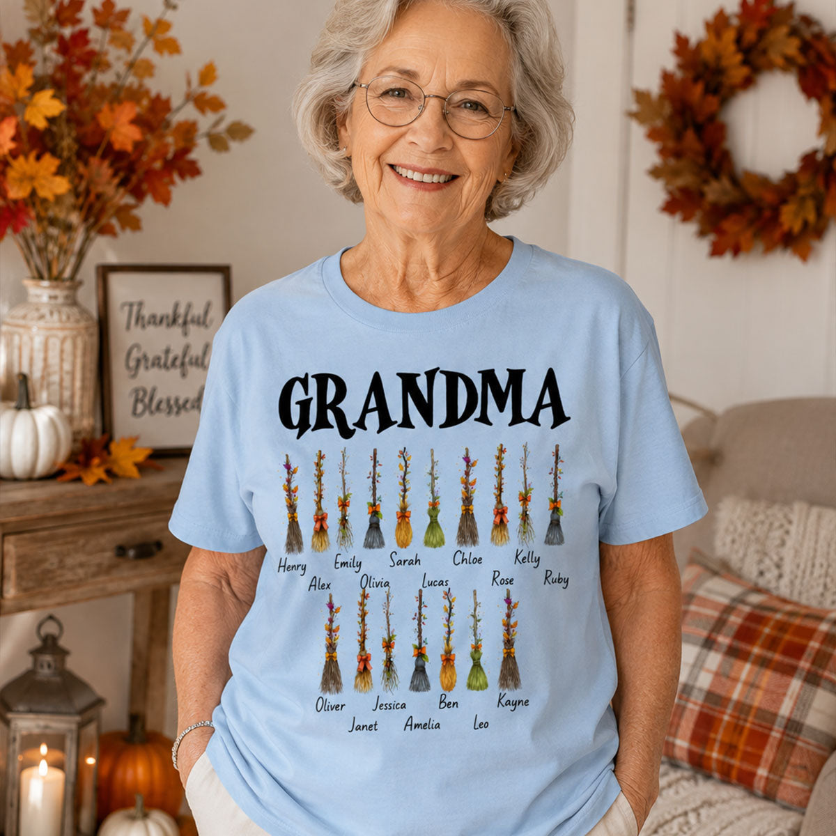 Grandma Witch Beautiful Broomsticks Custom Grandkids Names - Personalized Shirt - Halloween Gift For Grandma