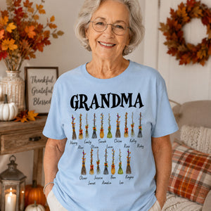 Grandma Witch Beautiful Broomsticks Custom Grandkids Names - Personalized Shirt - Halloween Gift For Grandma