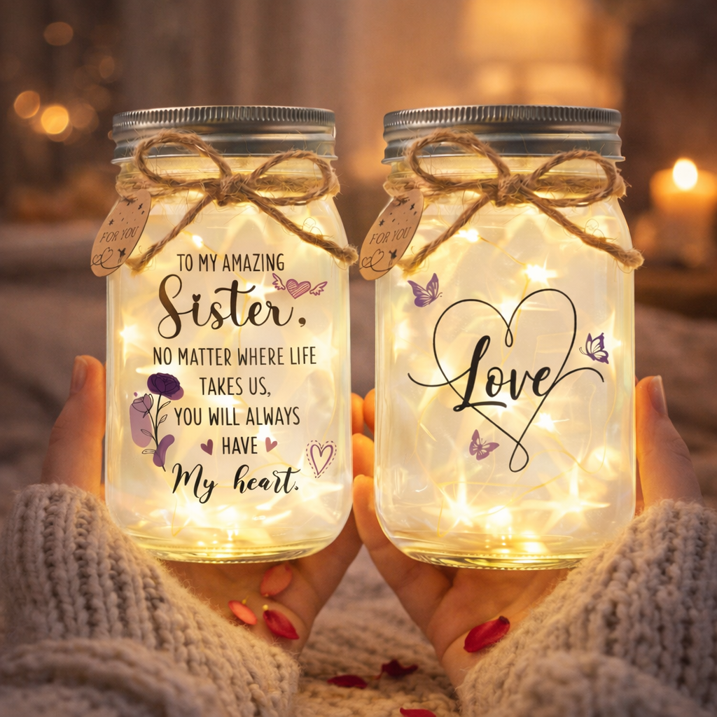 Sister Gift, Heartfelt Mason Jar Night Light with Fairy Lights, Gift For Sisters, Besties, Siblings