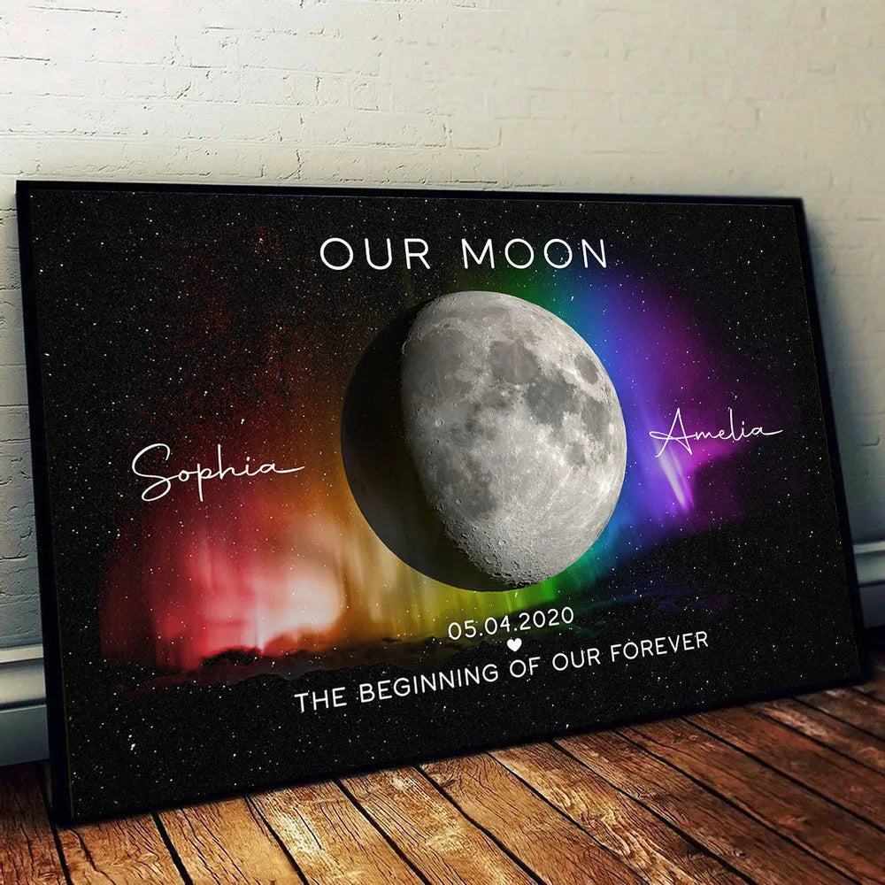 The Beginning Of Our Forever Custom Aurora Moon Phase - Personalized Canvas - Anniversary Gift, Valentine's Day Gift For Couple