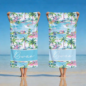 Custom Palm Tree Tropical Beach Towel, Custom Name Birthday Party Pool Towel, Bachelor Bath Towel, Vacation Gift for Girls, Beach Lover's Gifts