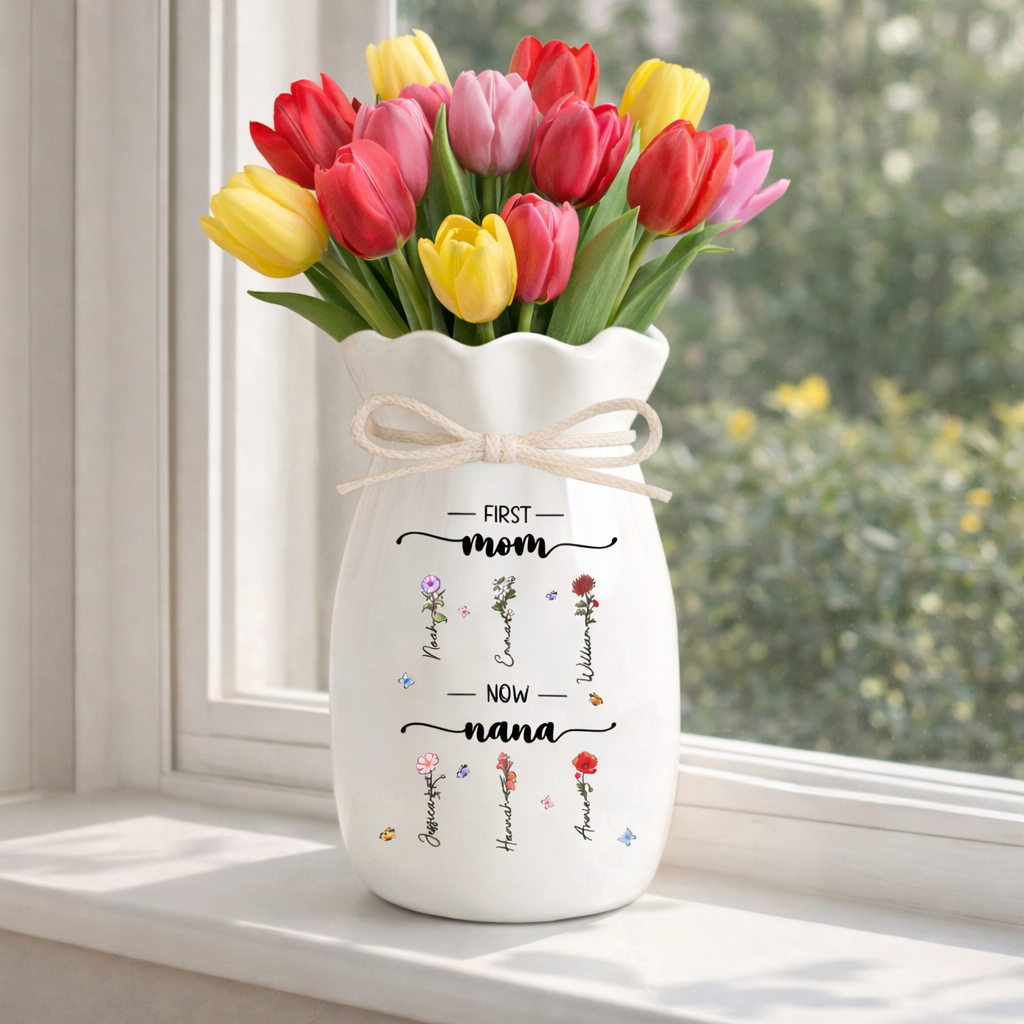 First Mom Now Grandma Custom Birth Month Flower - Personalized Flower Vase With Ribbon - Gift For Mom, Grandma, Mother's Day Gift