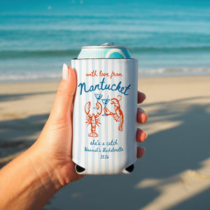 Nantucket Bachelorette Can Coolers, She's a Catch Drink Coolers, Custom Nantucket Beach Party Favors, Girls Trip Drink Holders