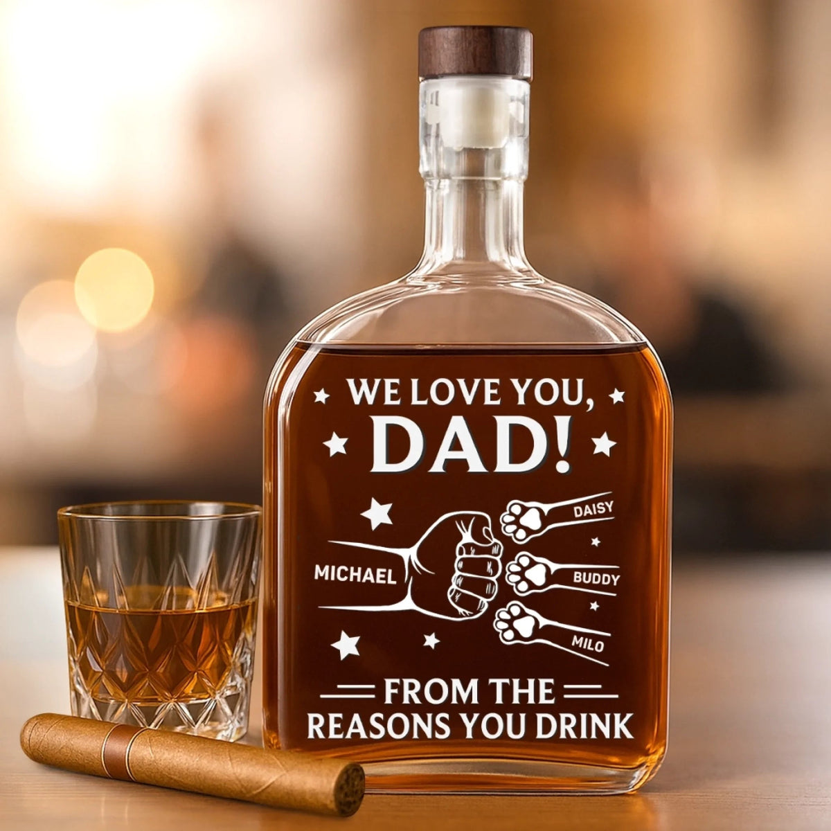 Paws Down To The Best Dad - Personalized Whiskey Bottle - Gift For Cat Dad, Dog Dad, Father's Day