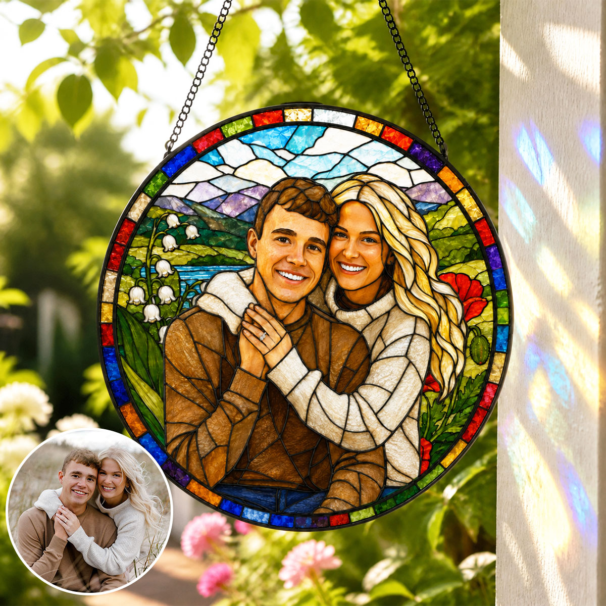 Custom Photo Suncatcher, Personalized Stained Glass Window Hanging, Couple Portrait Gift, Photo to Glass Art, Unique Picture Keepsake