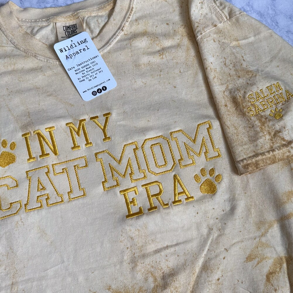 Personalized In My Cat Mom Era Embroidered Comfort Colors Tee, Embroidered Cat Mom T-Shirt With Dog Names, Customizable Gift For Cat Owner
