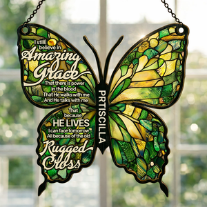 Amazing Grace Cross Butterfly - Personalized Suncatcher Ornament - Christian Gift