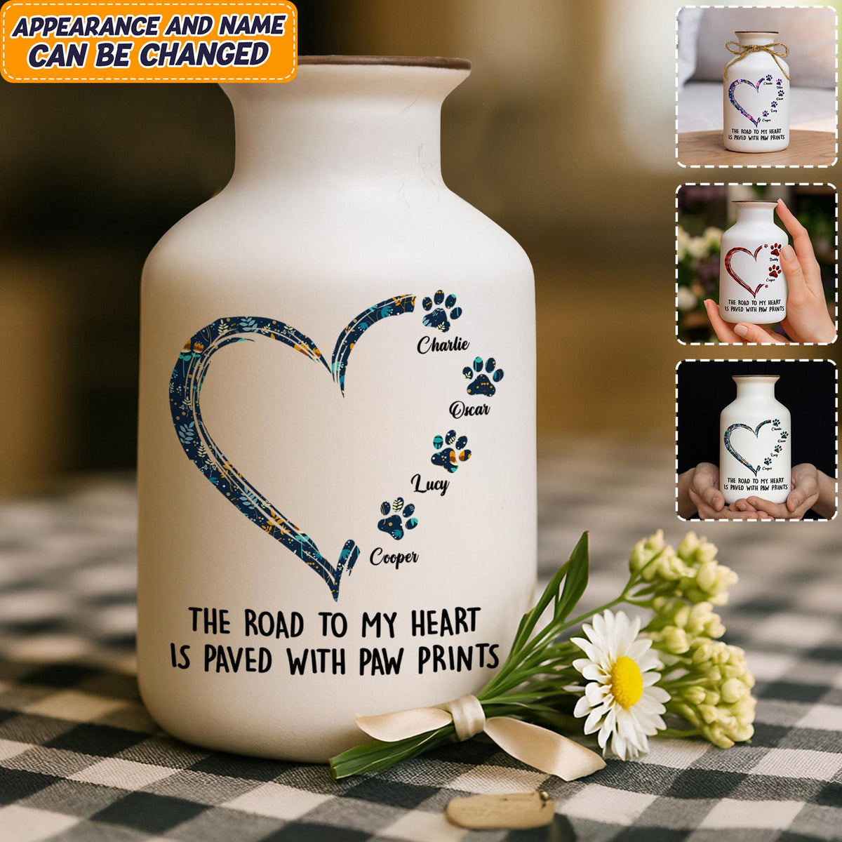 Personalized Pet Flower Pot, Custom Paw Print Vase, Dog Lover Gift, The Road to My Heart Is Paved With Paw Prints
