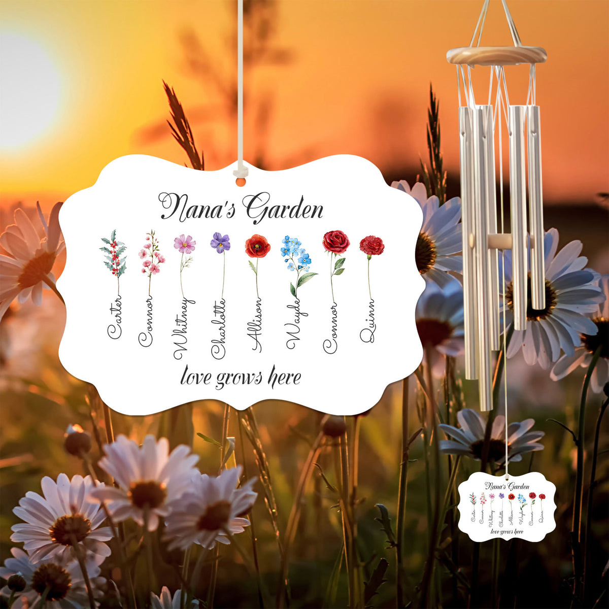 Birth Month Flower Wind Chime, Custom Kid Name, Mother's Day Gift, Grandma's Garden Wind Chime, Gift For Mom, Birth Flower, Family Gift