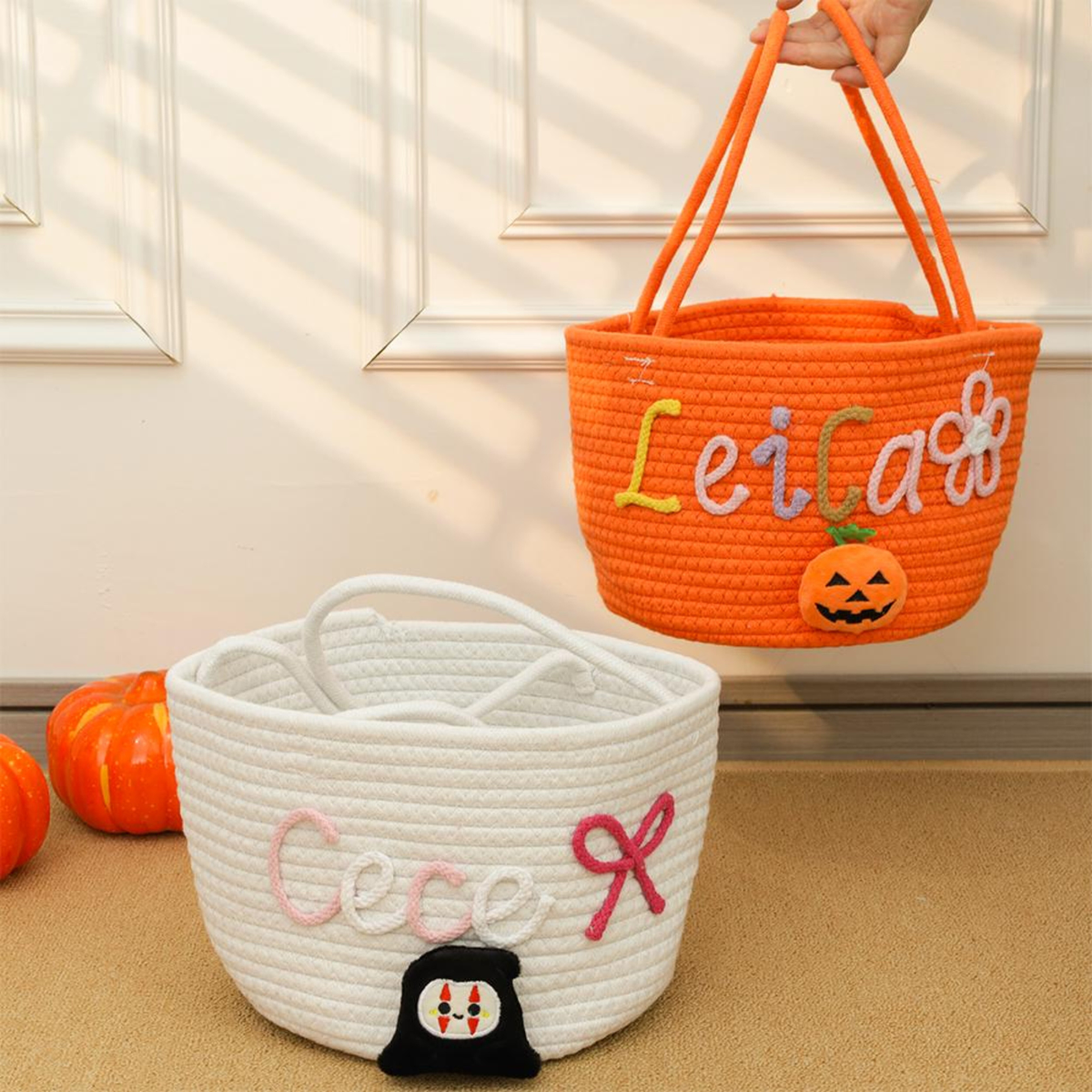 Personalized Halloween Treat Bag with Name - Custom Trick or Treat Basket, Embroidered Candy Tote, Halloween Gift for Kids