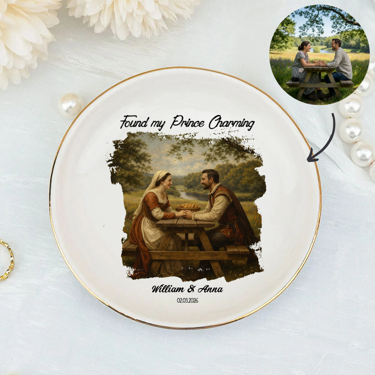 Personalized Proposal Photo Jewelry Dish - Custom Renaissance Painting Illustrated Engagement Keepsake Ring Tray with Names & Engaged Date