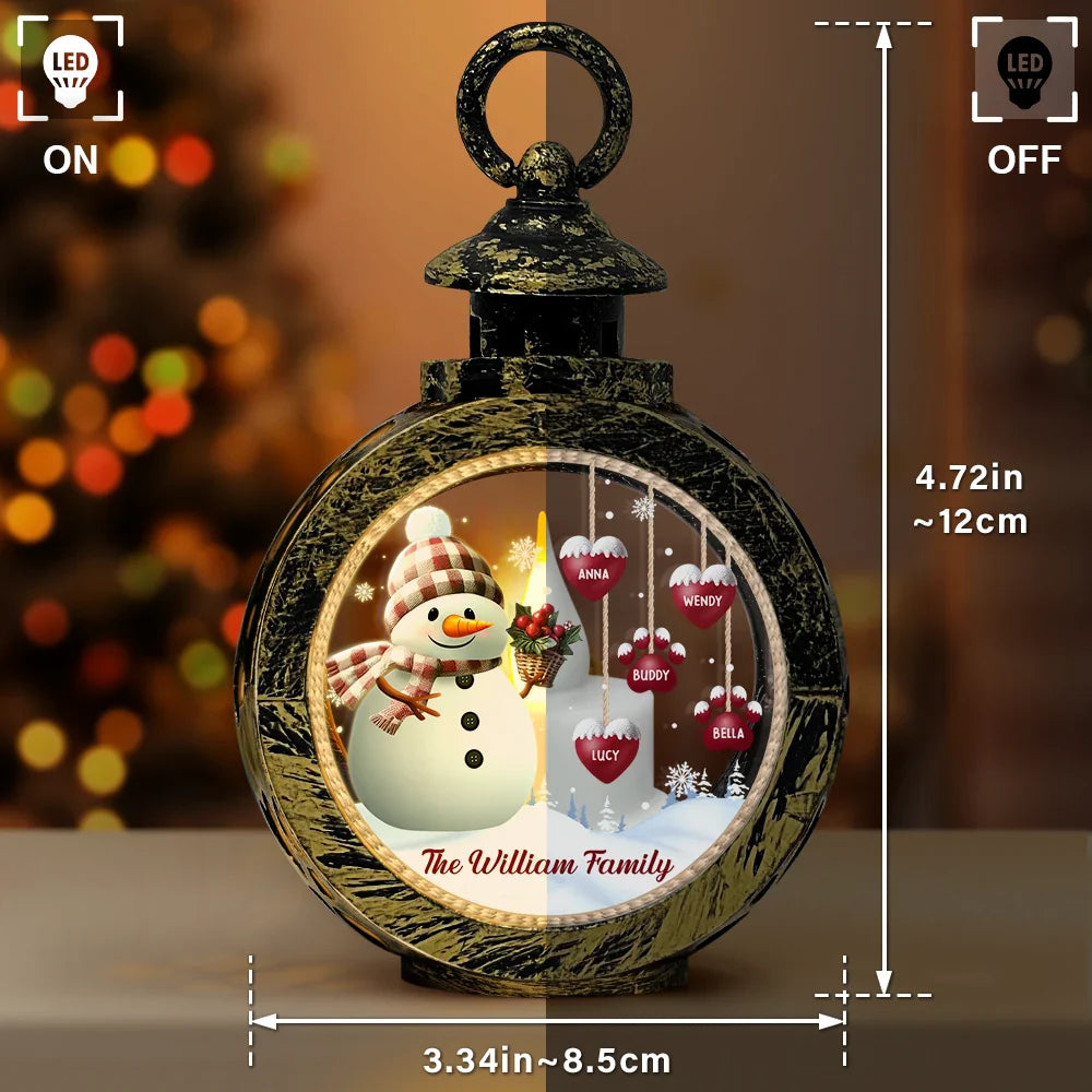 Snowman With Hearts - Personalized Lantern LED Flameless Candle - Christmas Gift For Family