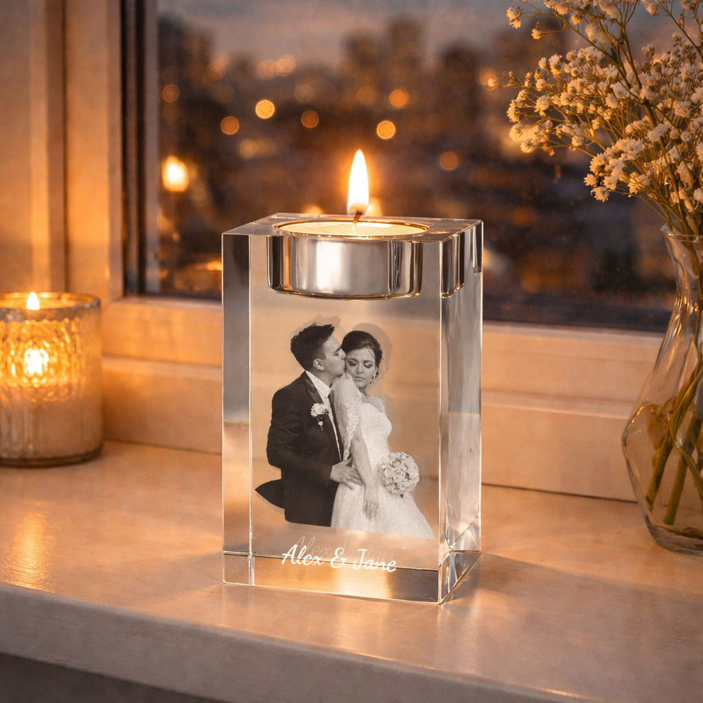 Custom 3D Crystal Photo Portrait, Engraved Crystal Photo With Candle Holder, 3D Crystal Photo Gift for Pet, Memorial Candle Votive, Gift for Mum
