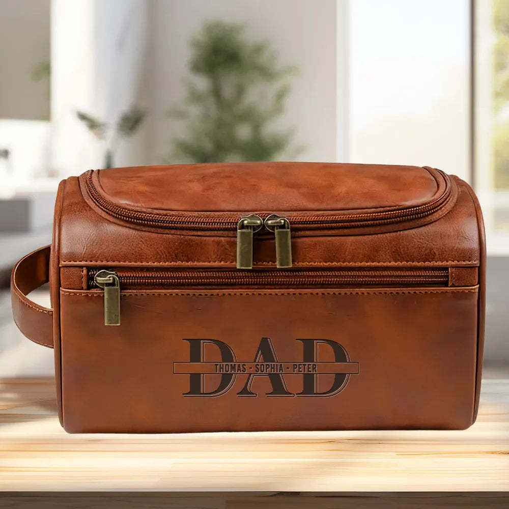 Custom Dad & Kids Name - Personalized Leather Toiletry Bag - Gift For Dad, Grandpa, Father's Day Gift
