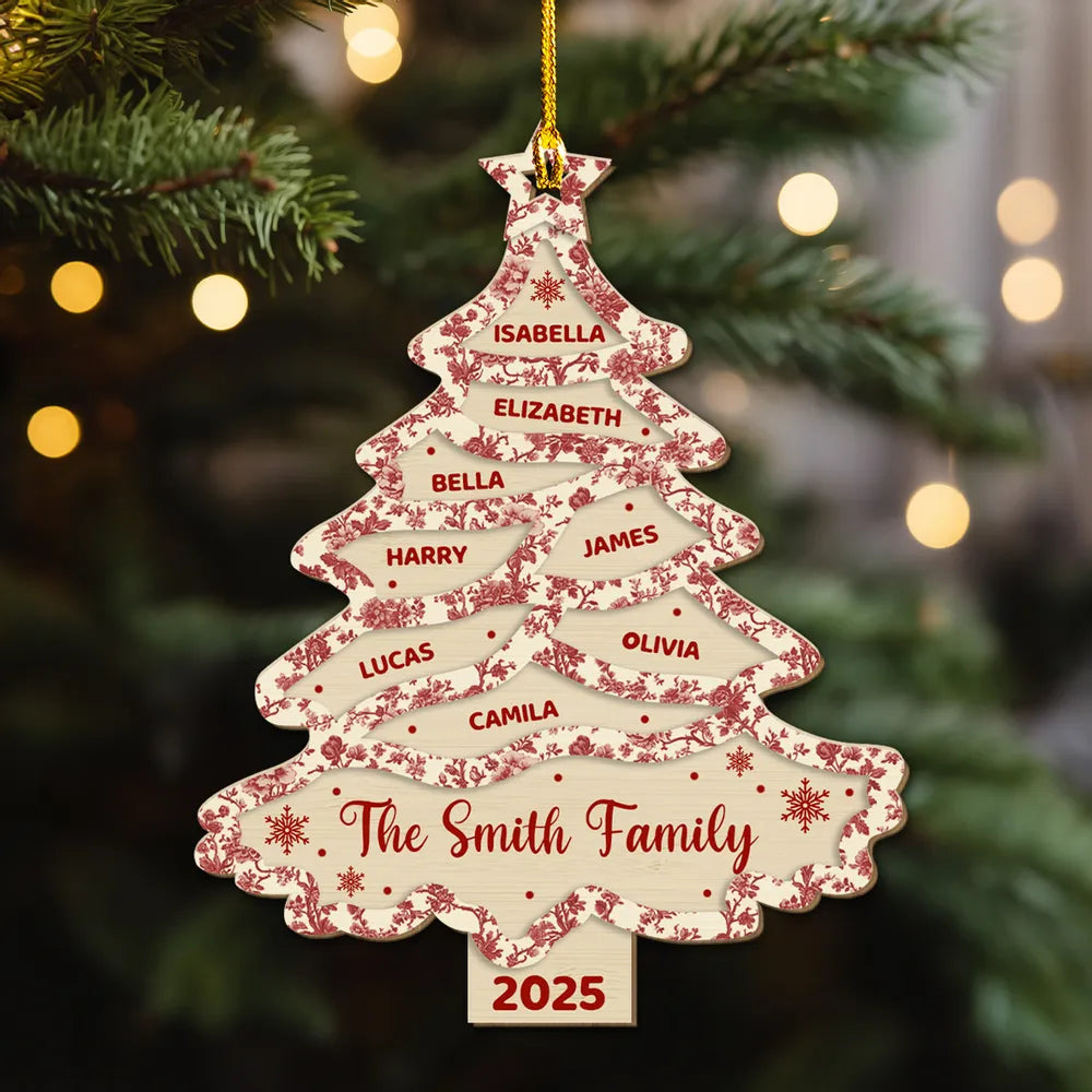 Family Names Christmas Tree Toile De Jouy - Personalized Wooden Ornament - Christmas Gift For Family