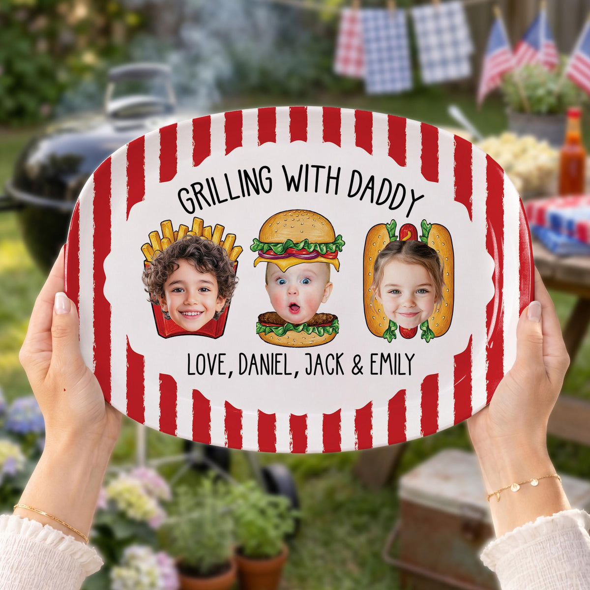 Custom Dad's Grilling Platter with Kids Faces: Father's Day Gift From Kids, Striped Grilling Plate for Kitchen Decoration, Funny Daddy Gift