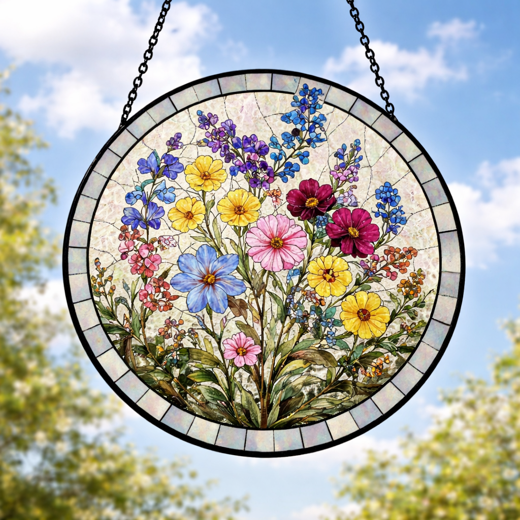 Stained Glass Wildflowers Suncatcher Mother's Day Gift Wildflowers Window Decor Gift For Grandma, Nature Lover Glass Suncatcher Family Gift