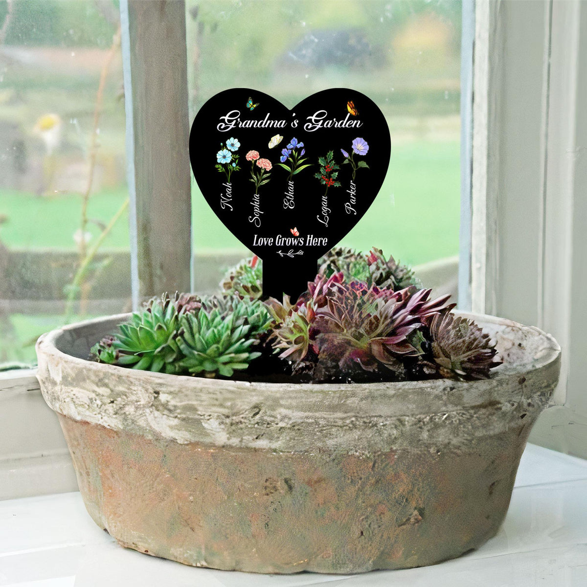 Personalized Birth Flower Metal Garden Stake, Mother's Day Gifts for Grandma, Grandkids Names, Nana's Blessings, Garden Marker Botanical Art