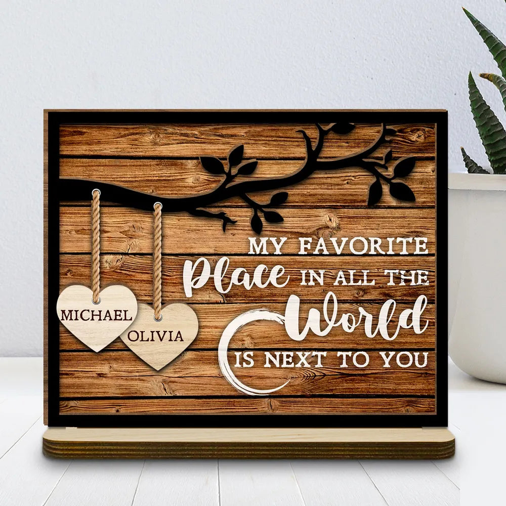 Tree Hearts - Personalized Wooden Plaque With Flat Base - Anniversary Gift, Valentine's Day Gift For Couple